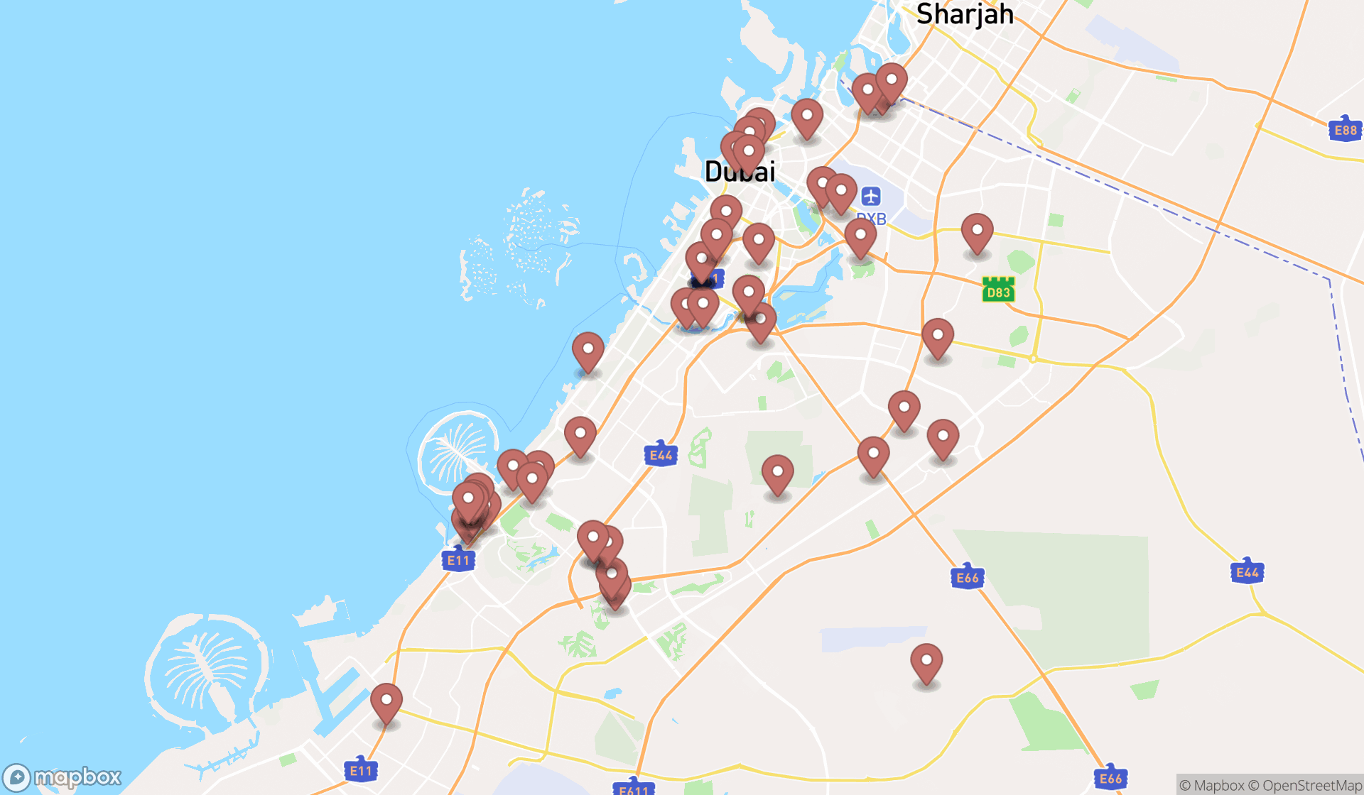 Map showing the search results in Dubai