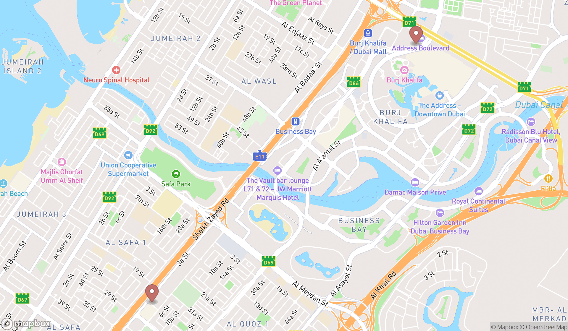 Map showing the search results in Dubai