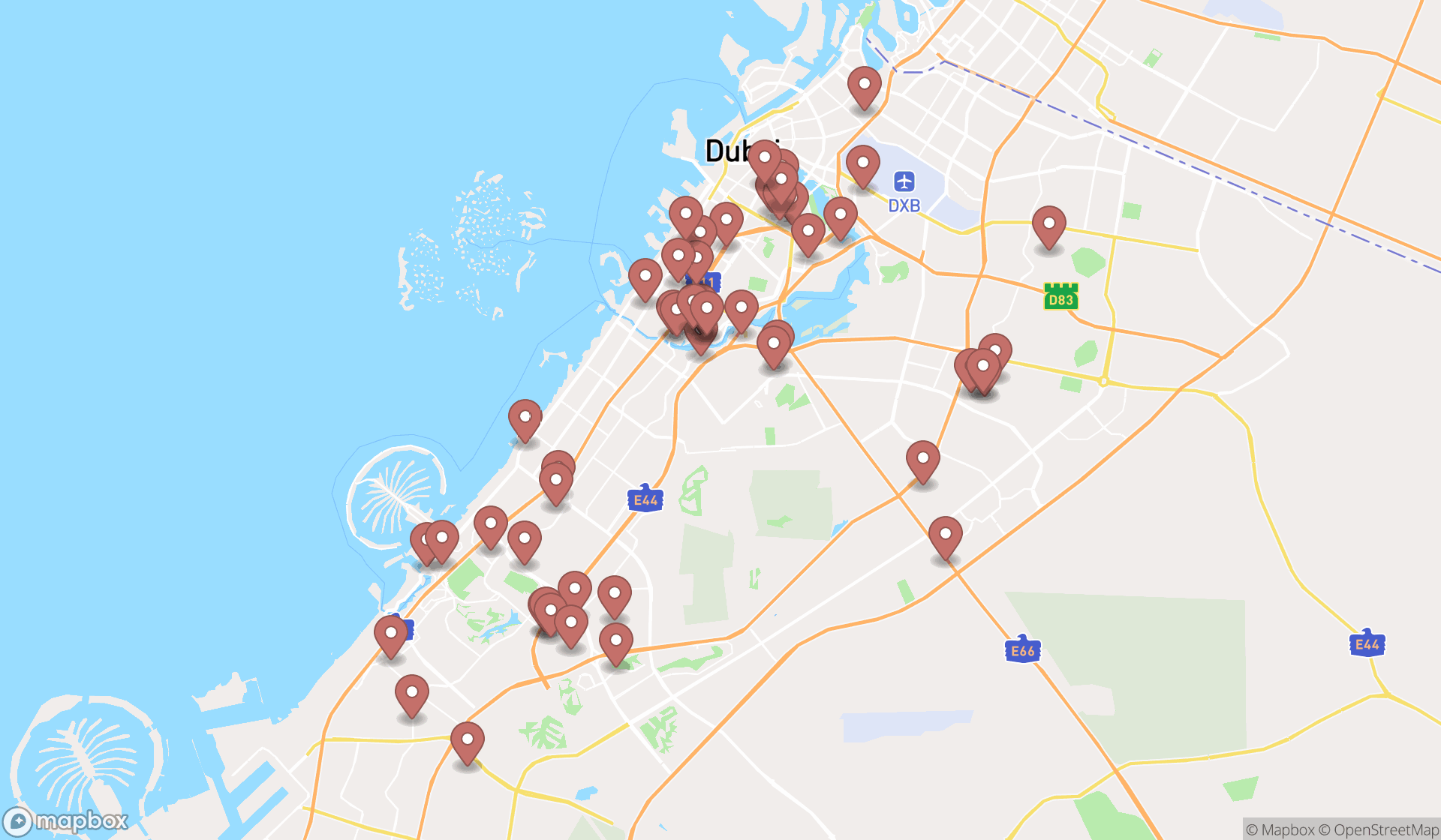 Map showing the search results in Dubai