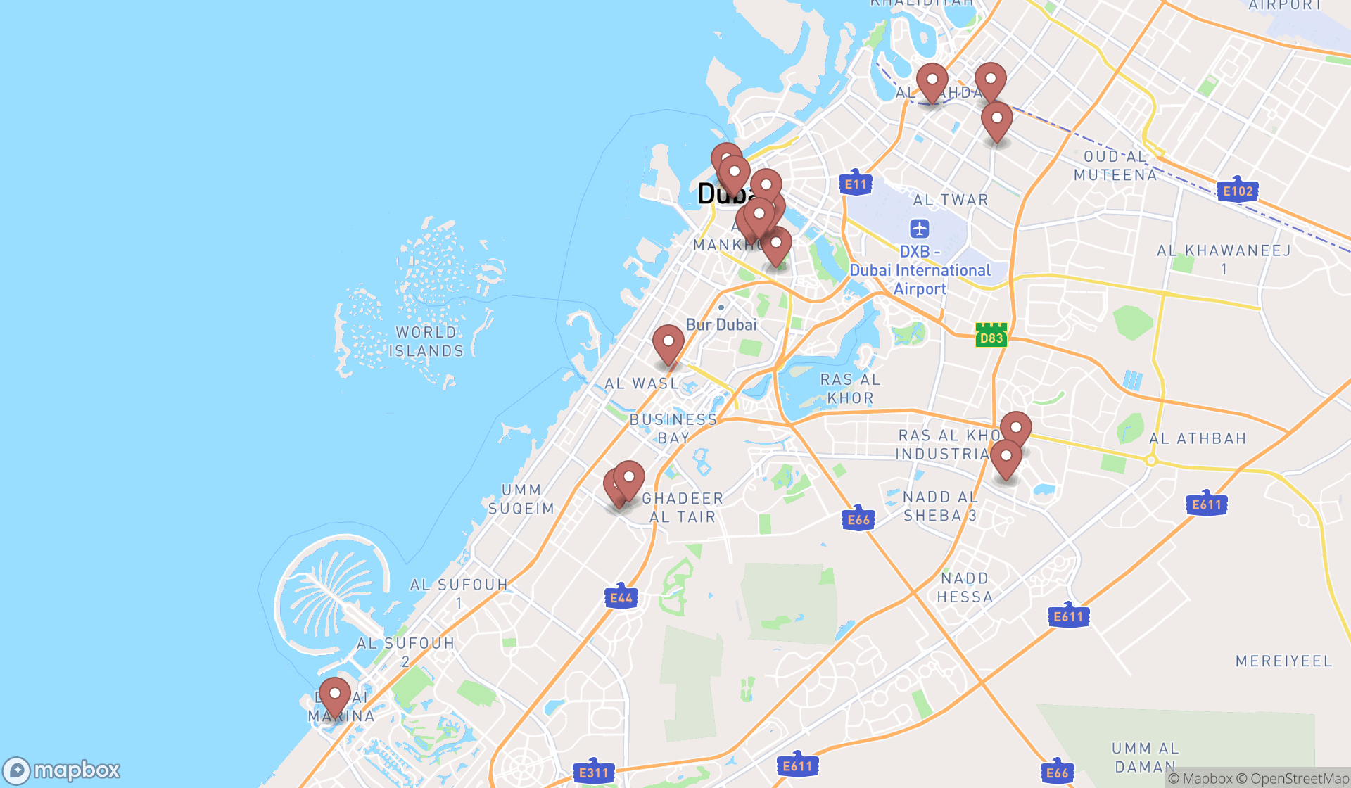 Map showing the search results in Dubai