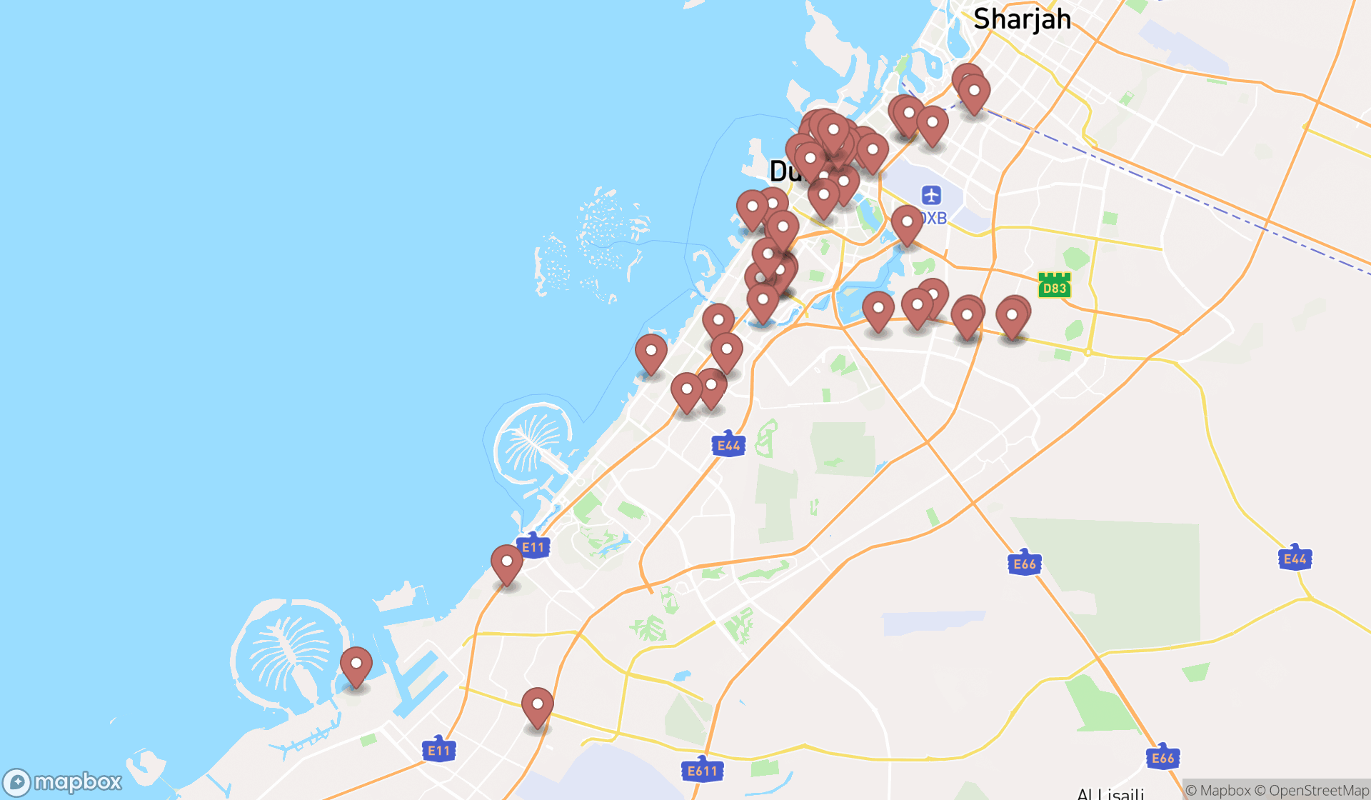 Map showing the search results in Dubai