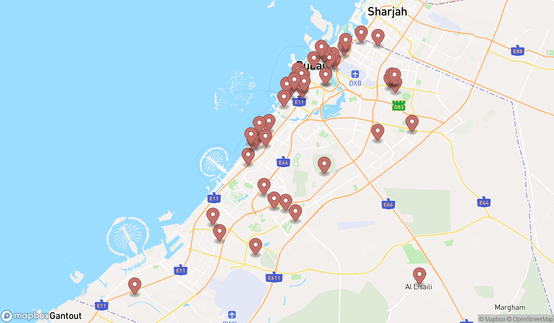 Map showing the search results in Dubai