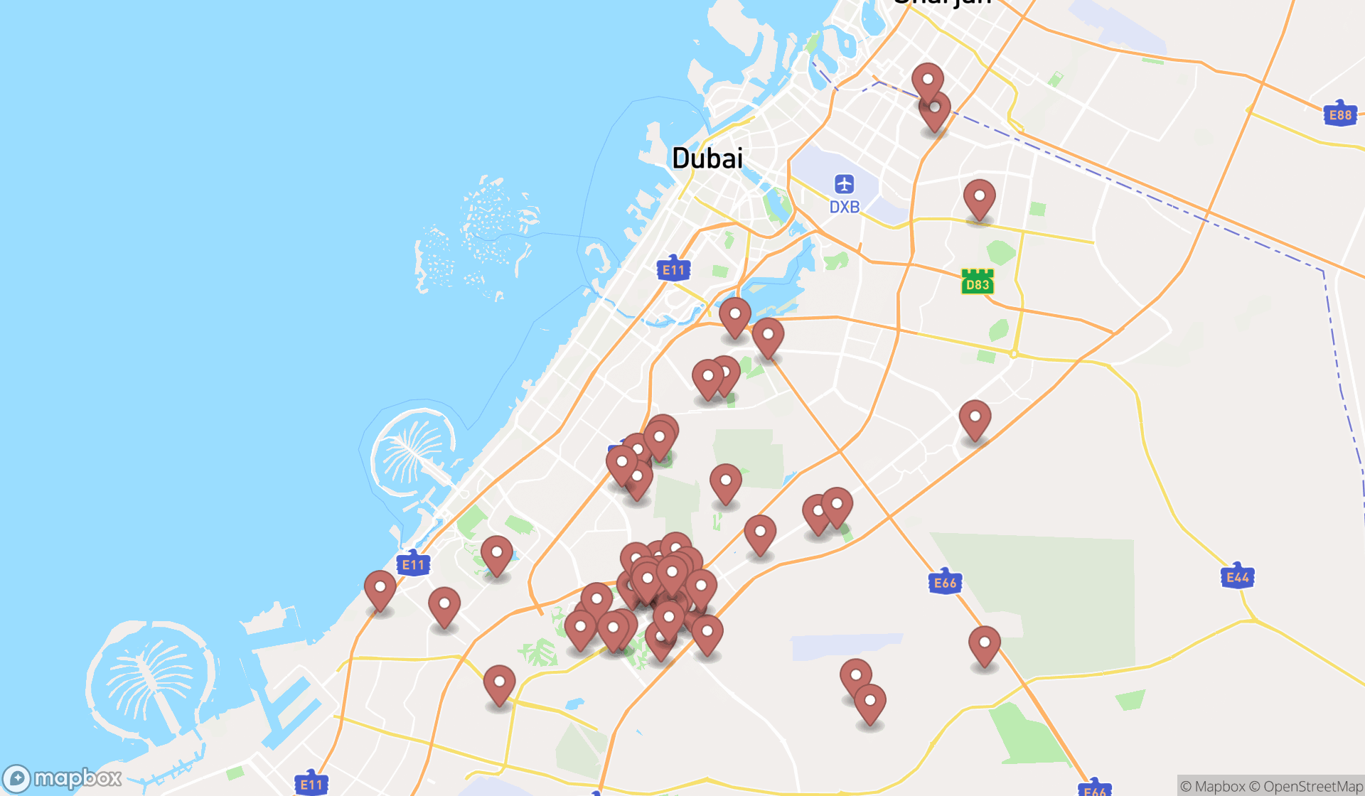 Map showing the search results in Dubai