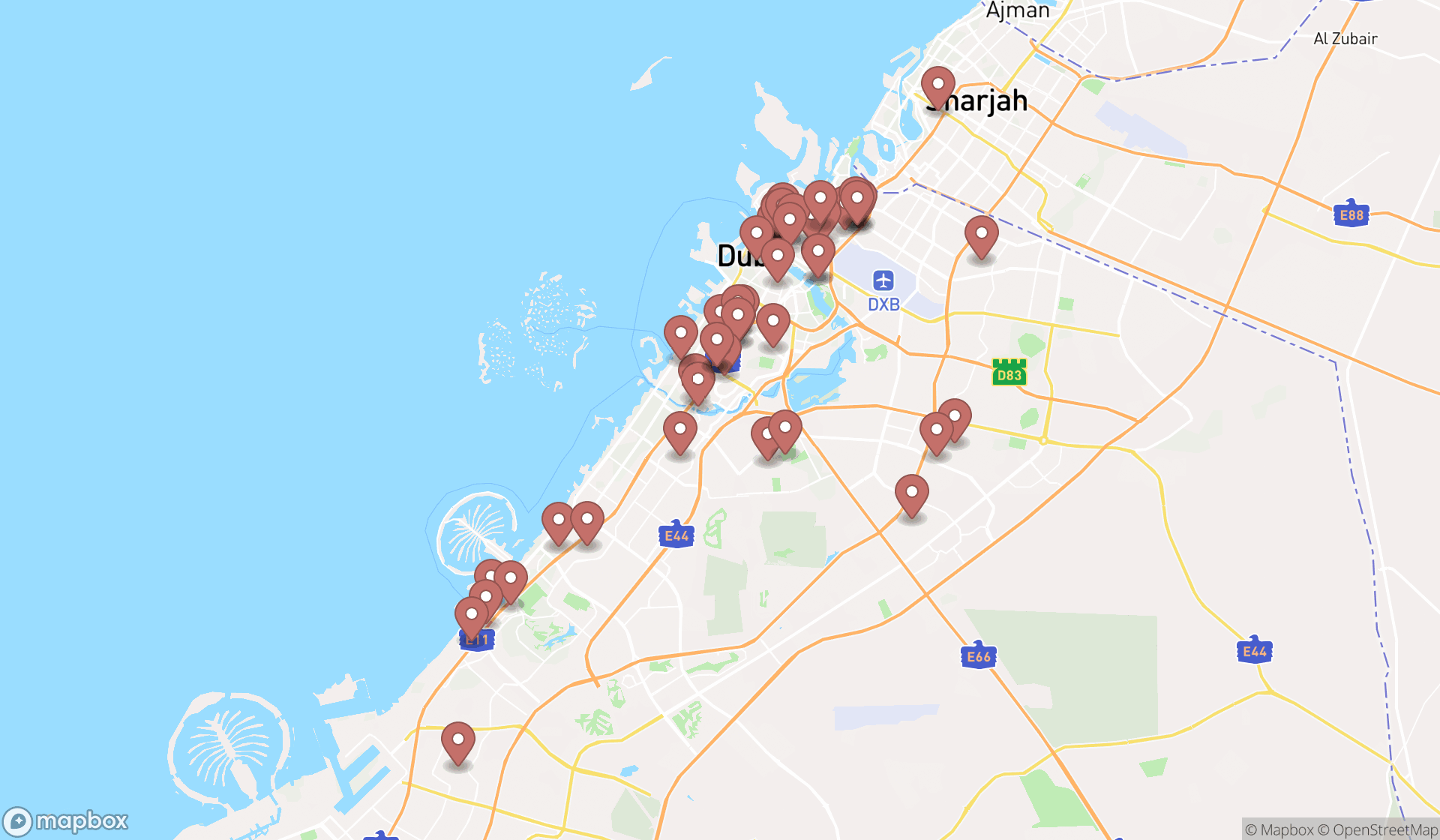 Map showing the search results in Dubai