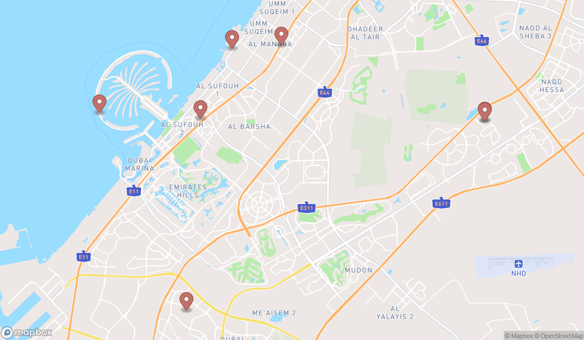 Map showing the search results in Dubai