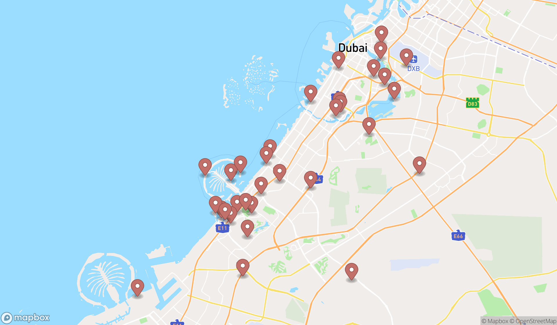 Map showing the search results in Dubai