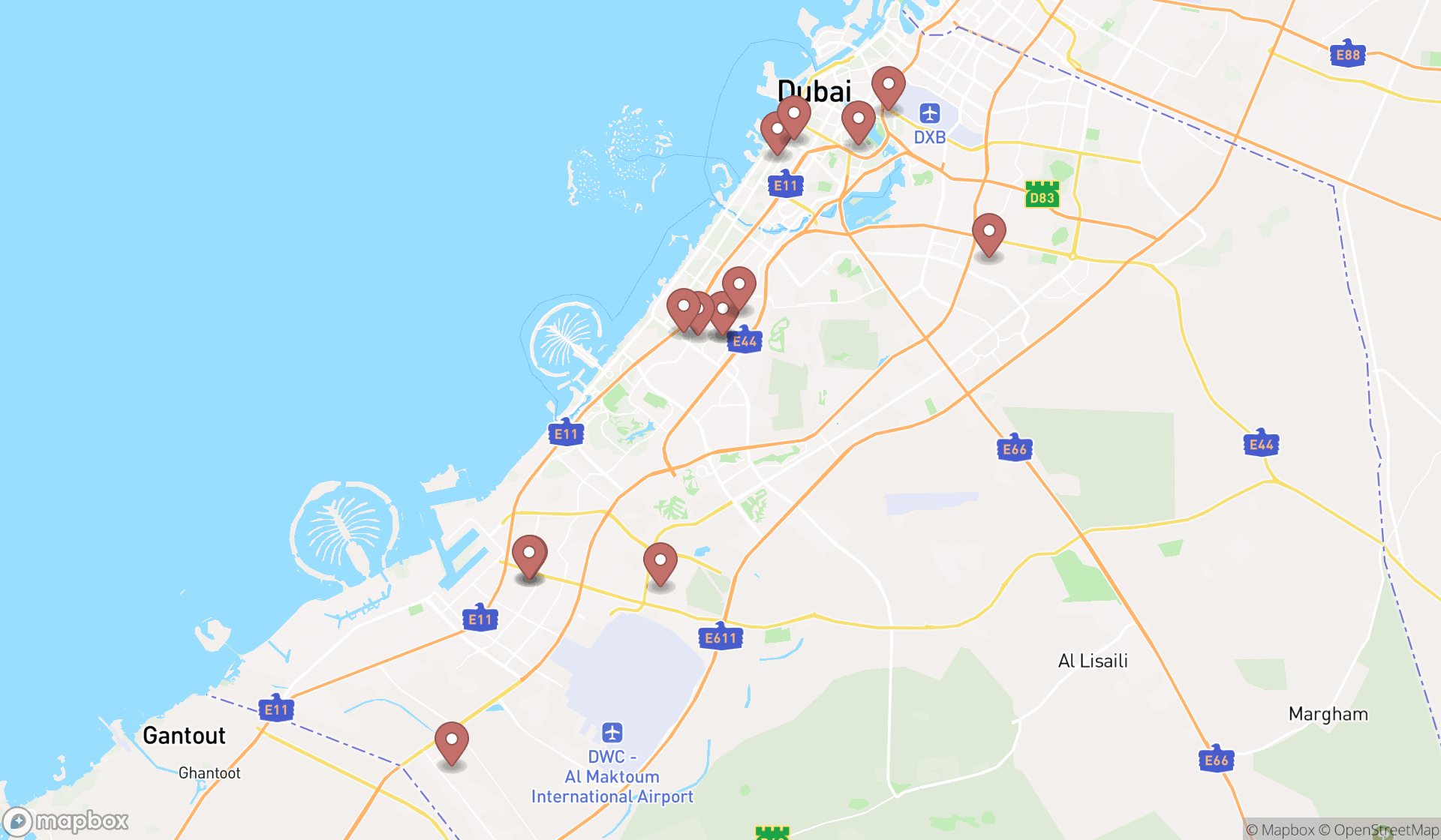 Map showing the search results in Dubai