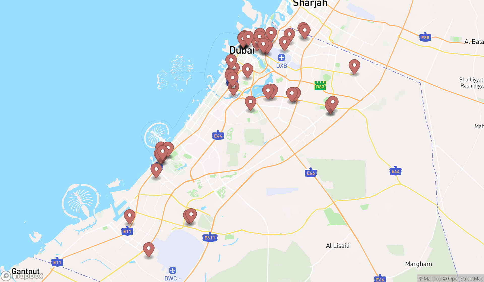 Map showing the search results in Dubai