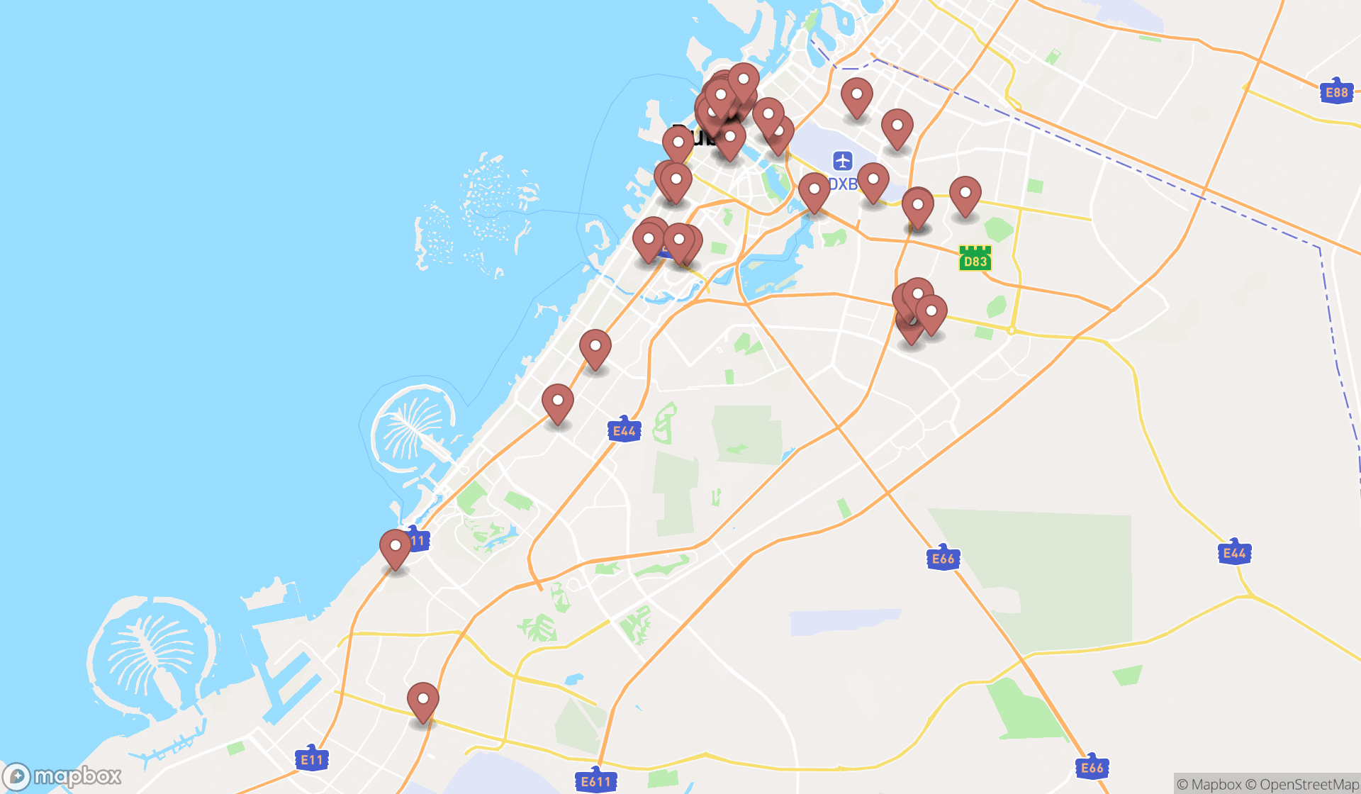 Map showing the search results in Dubai