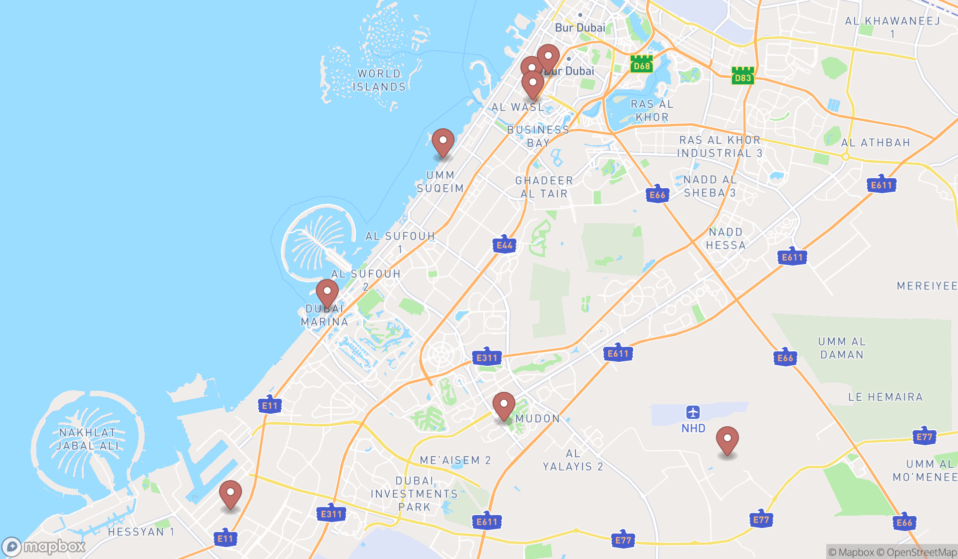 Map showing the search results in Dubai