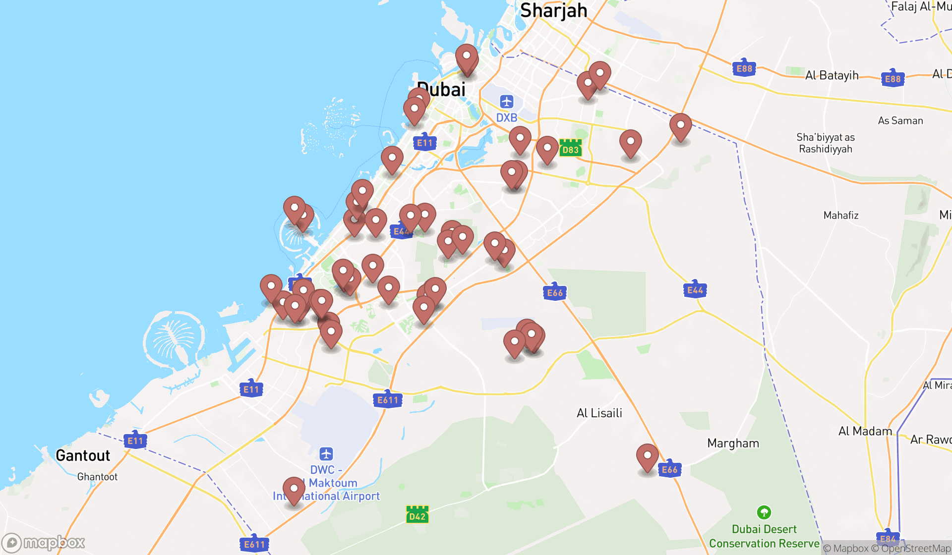 Map showing the search results in Dubai