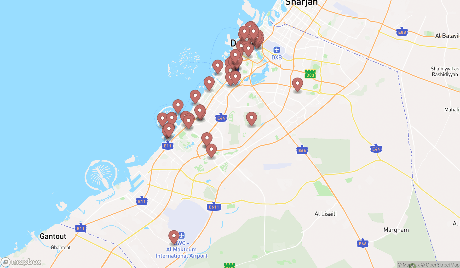Map showing the search results in Dubai