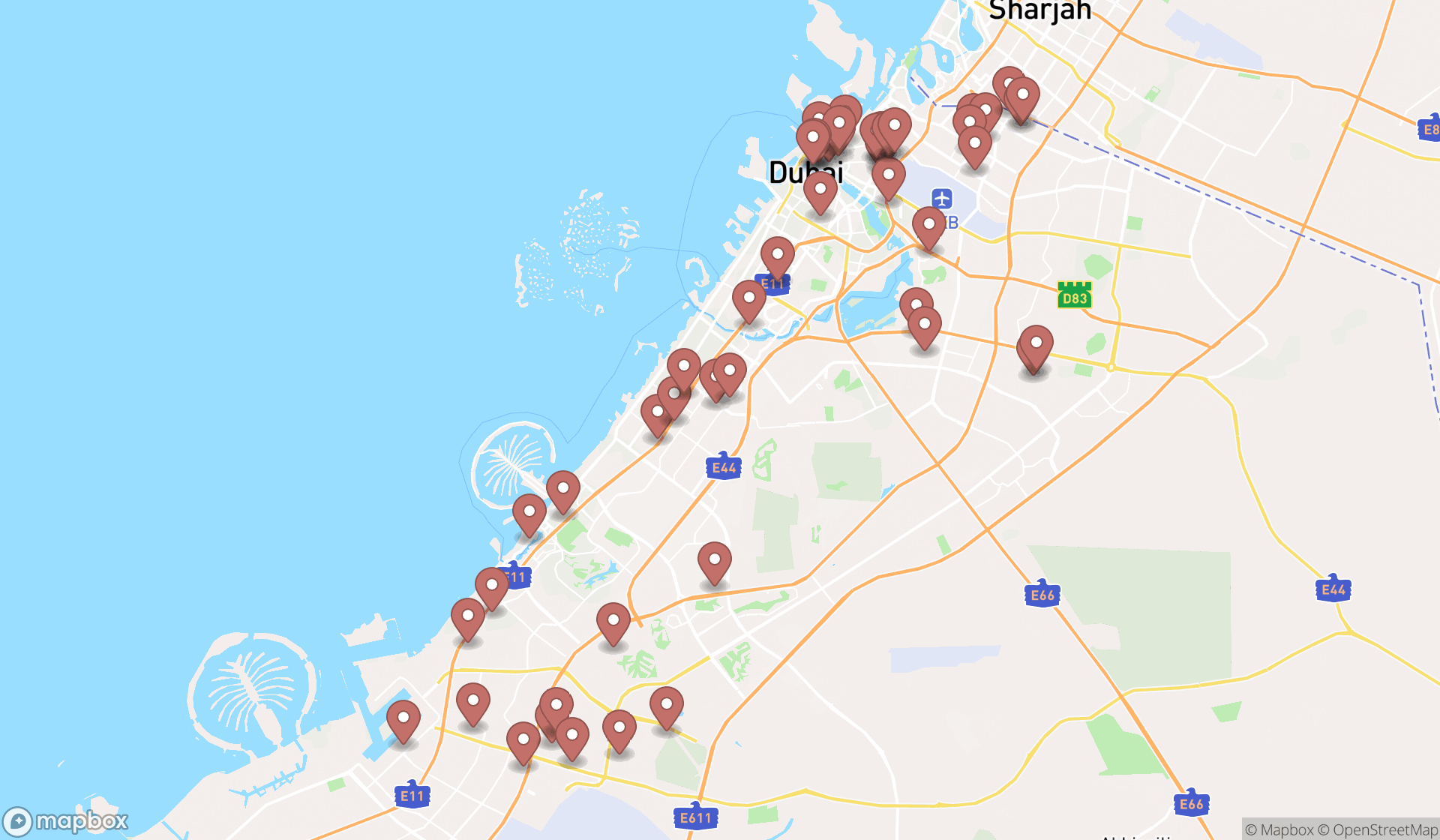 Map showing the search results in Dubai
