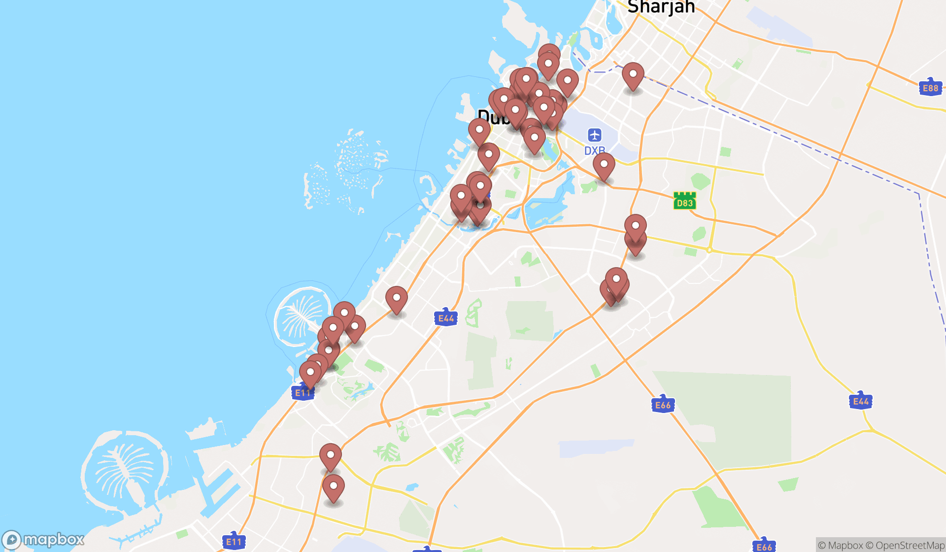 Map showing the search results in Dubai