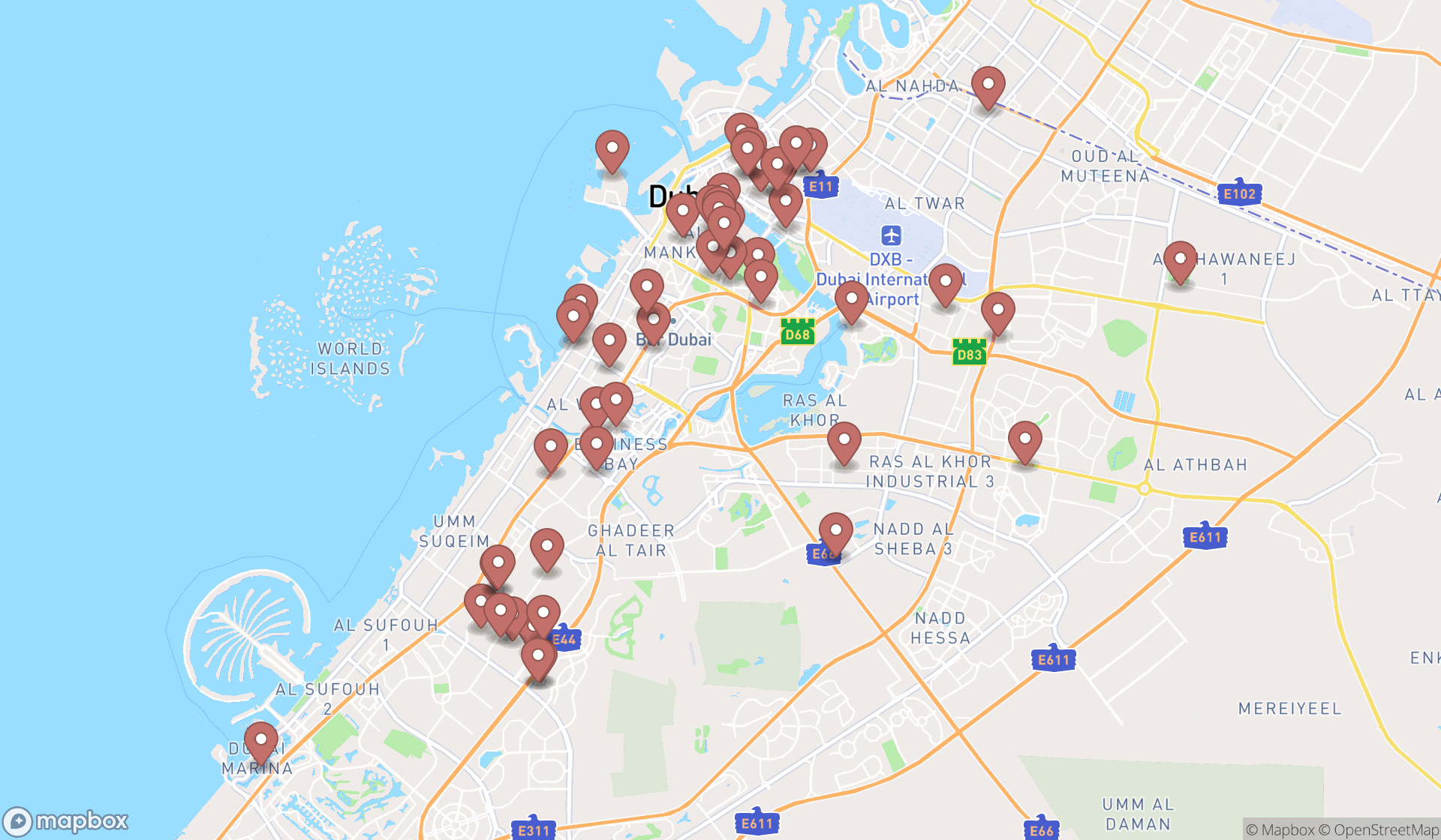 Map showing the search results in Dubai