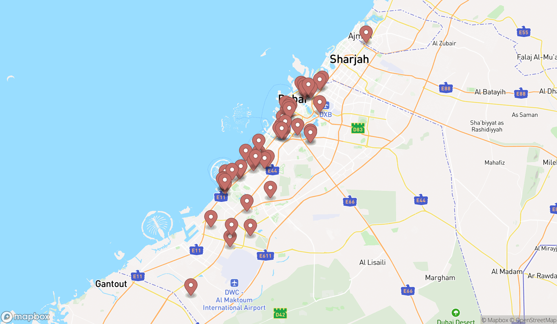 Map showing the search results in Dubai