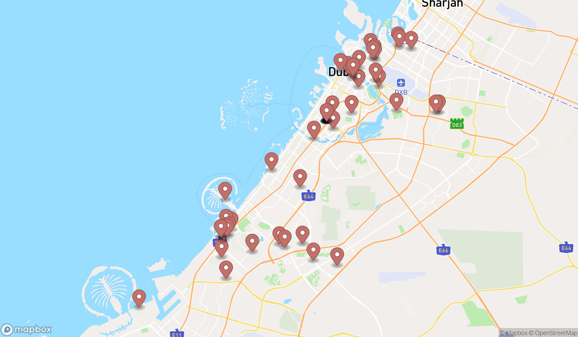 Map showing the search results in Dubai
