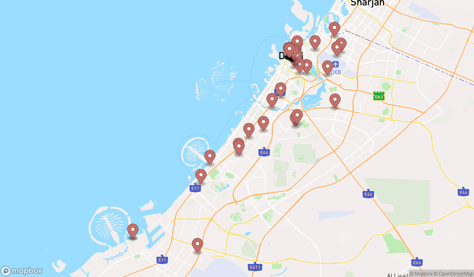 Map showing the search results in Dubai
