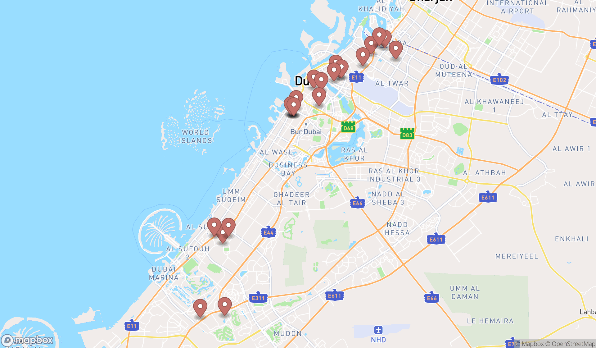 Map showing the search results in Dubai