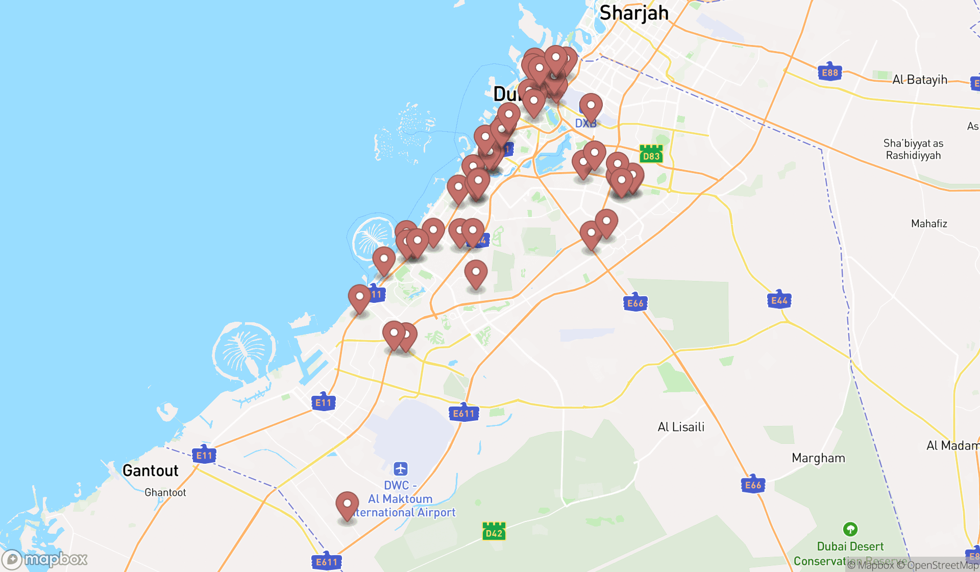 Map showing the search results in Dubai