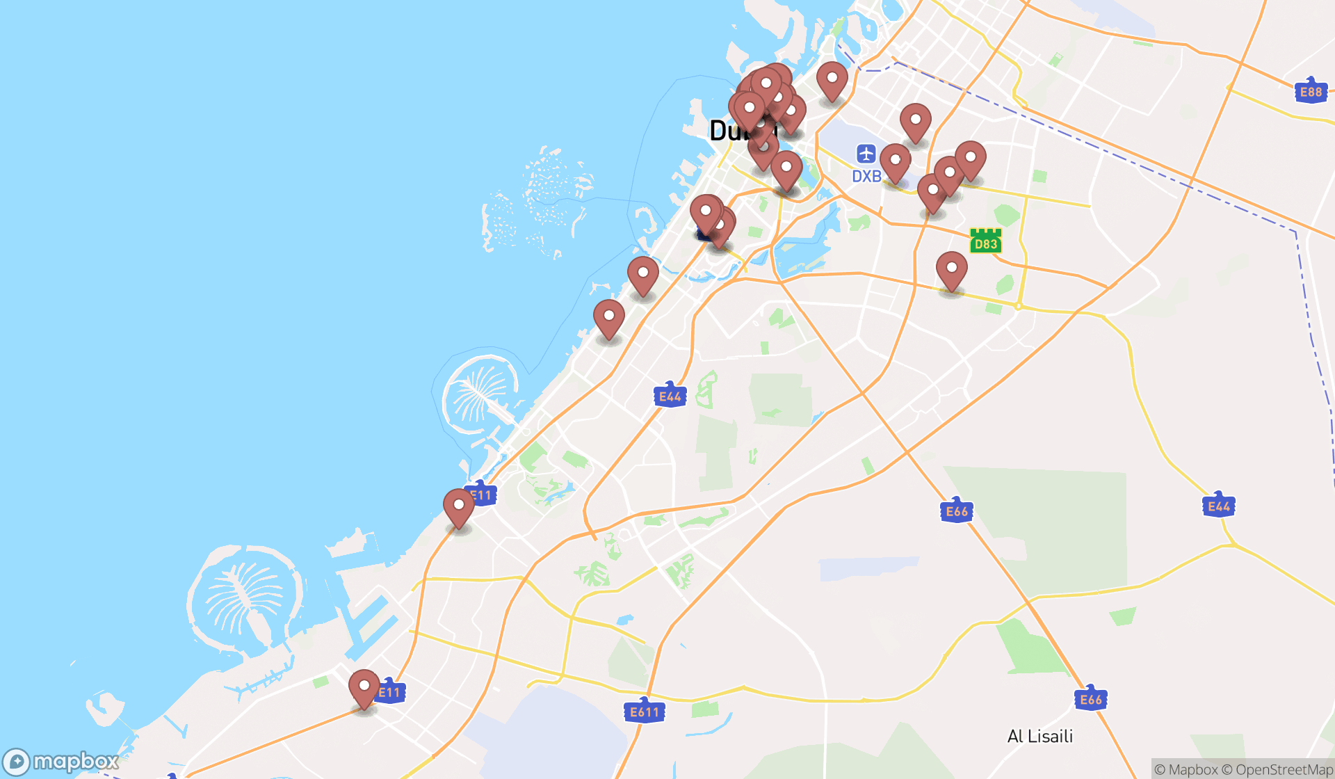 Map showing the search results in Dubai