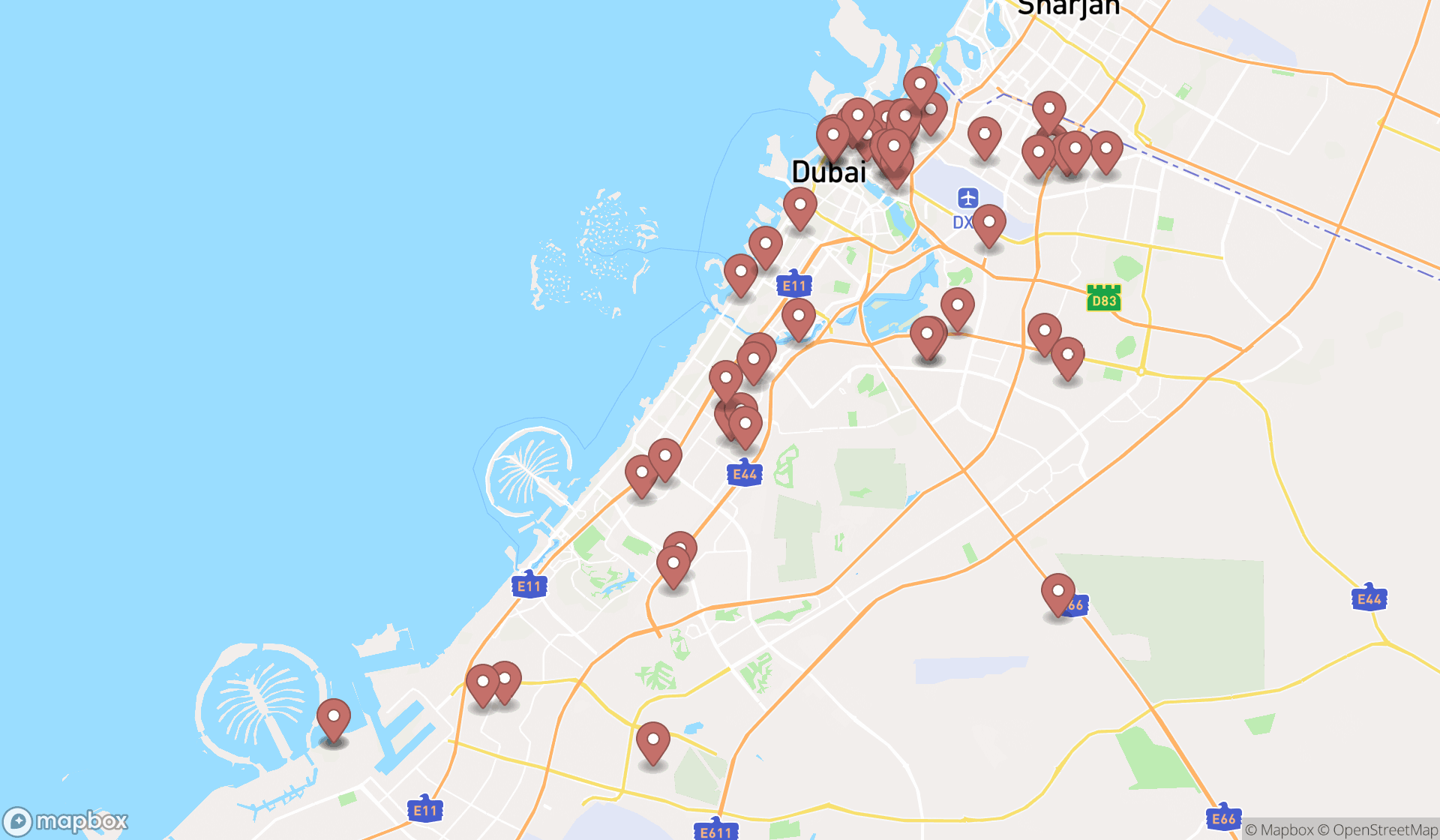 Map showing the search results in Dubai