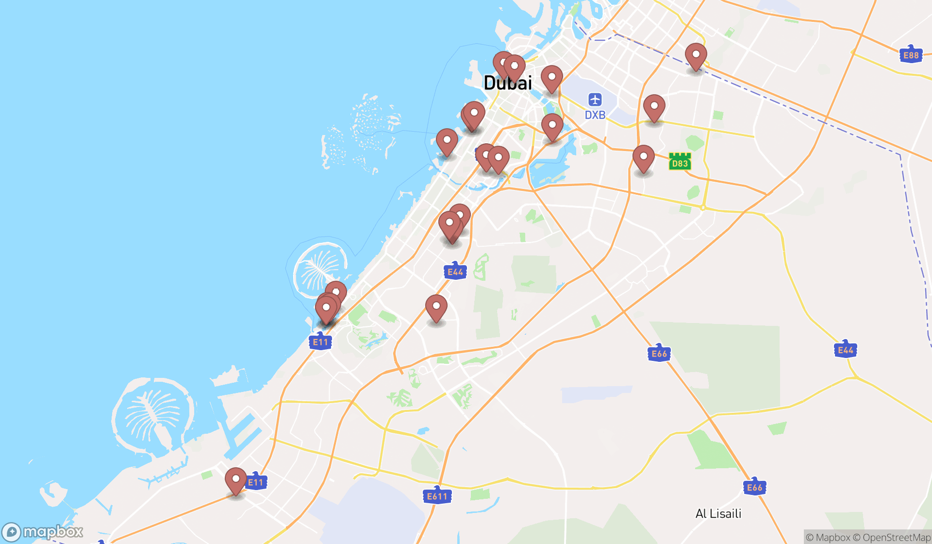 Map showing the search results in Dubai