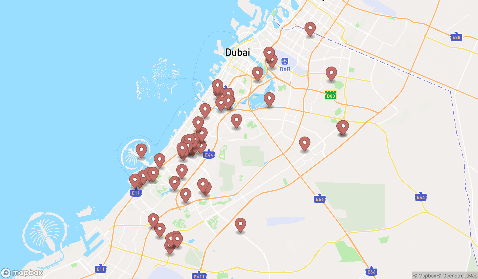 Map showing the search results in Dubai