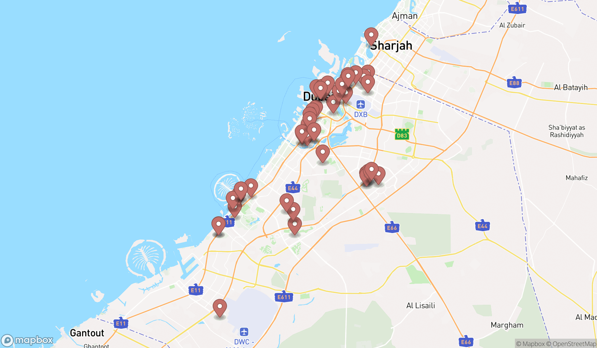 Map showing the search results in Dubai