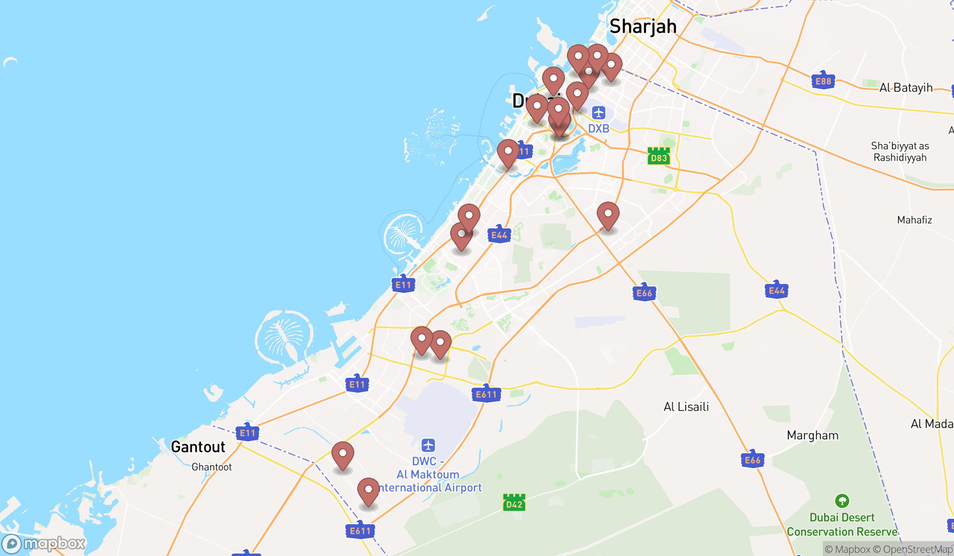 Map showing the search results in Dubai