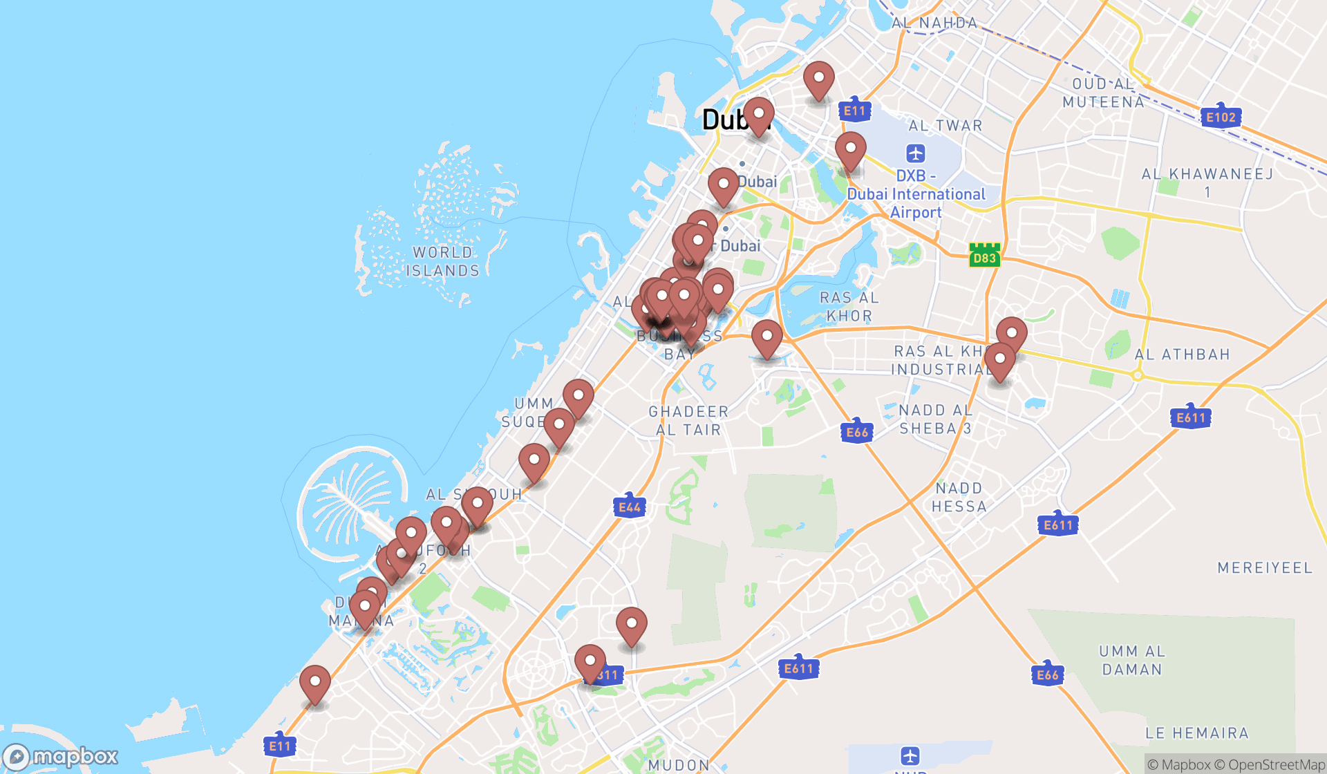 Map showing the search results in Dubai