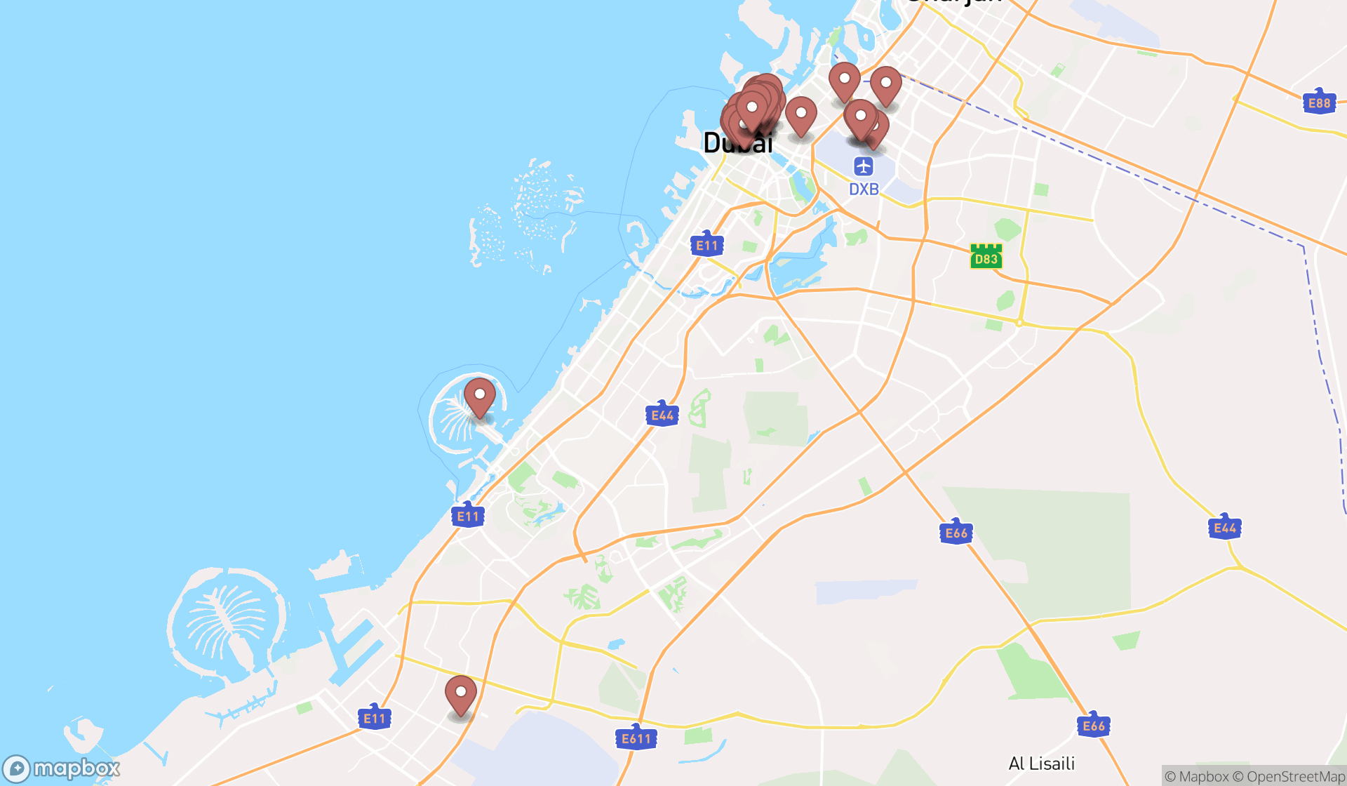 Map showing the search results in Dubai