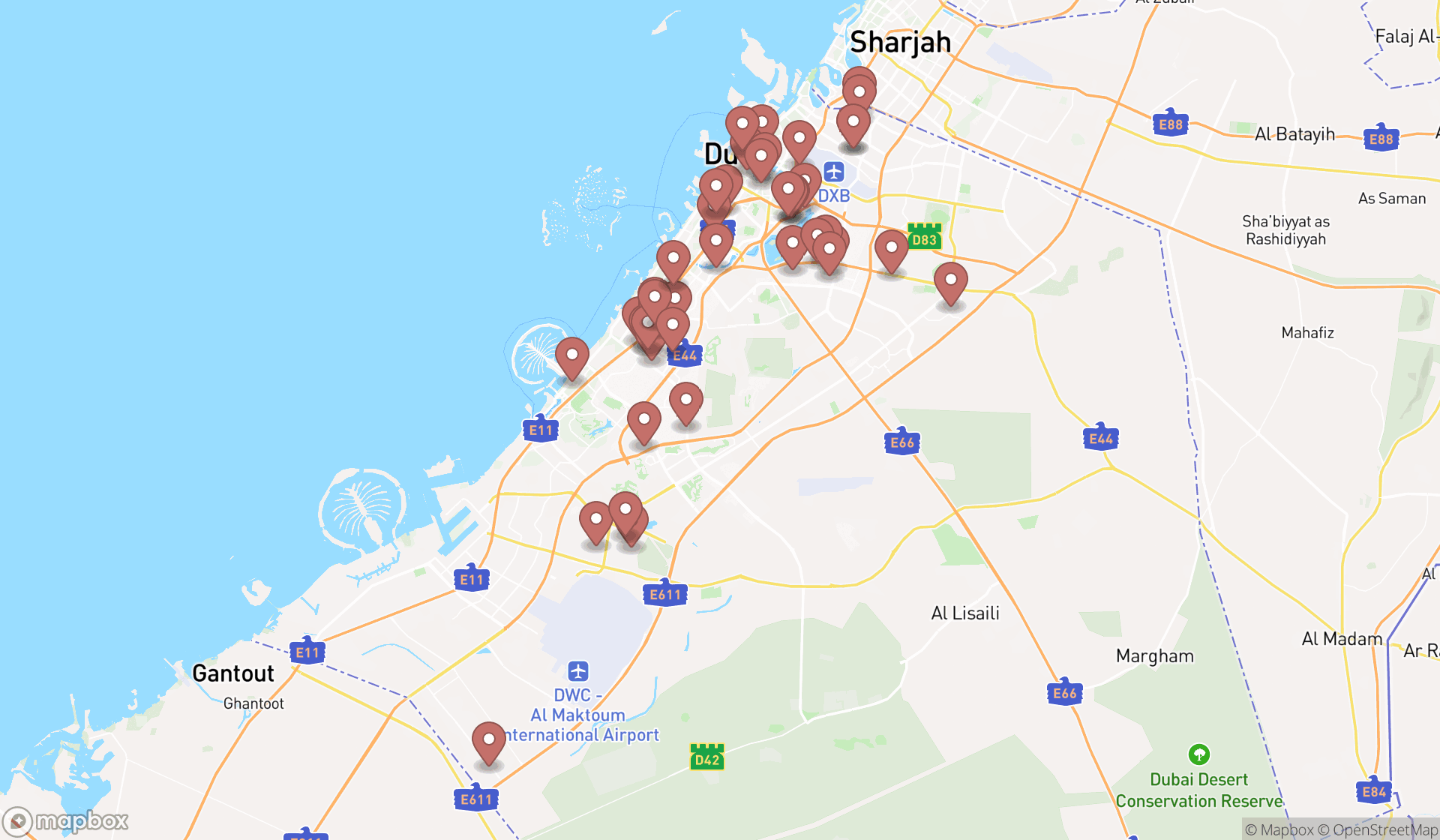 Map showing the search results in Dubai