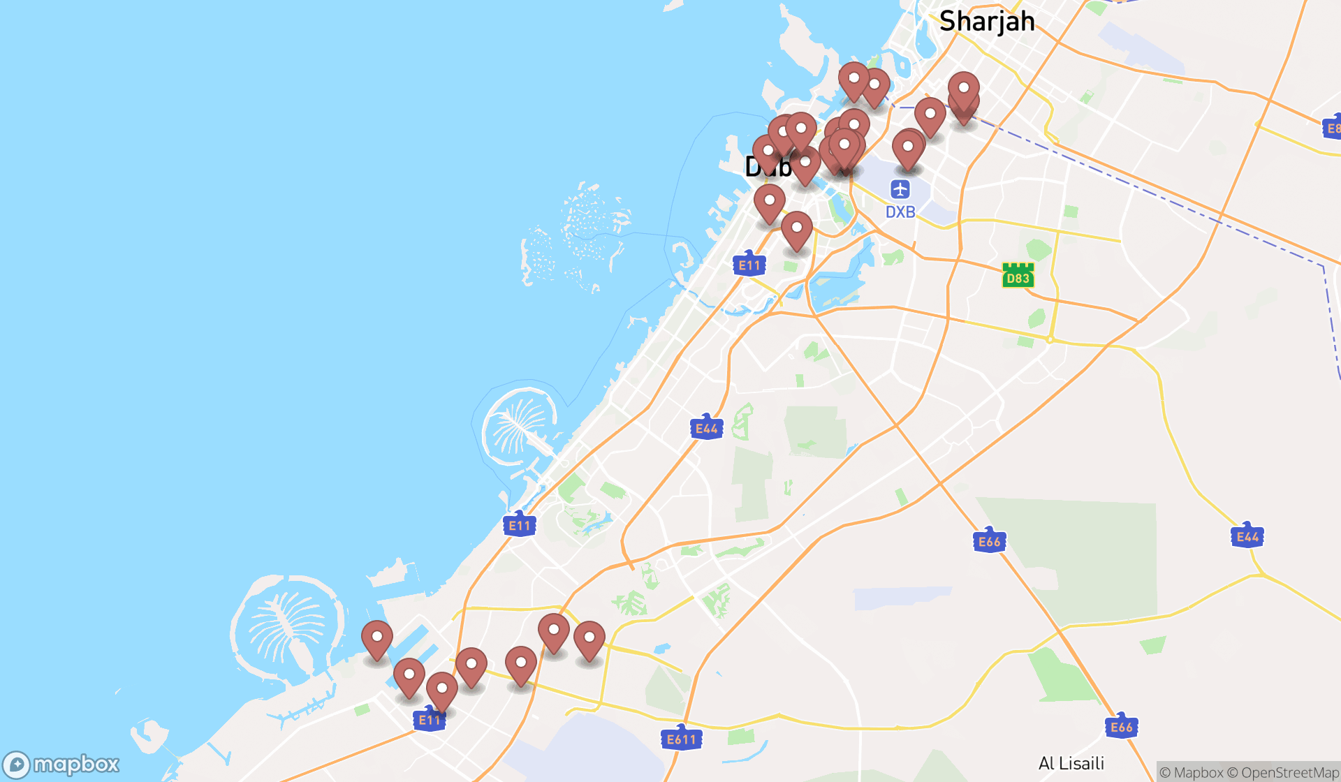 Map showing the search results in Dubai