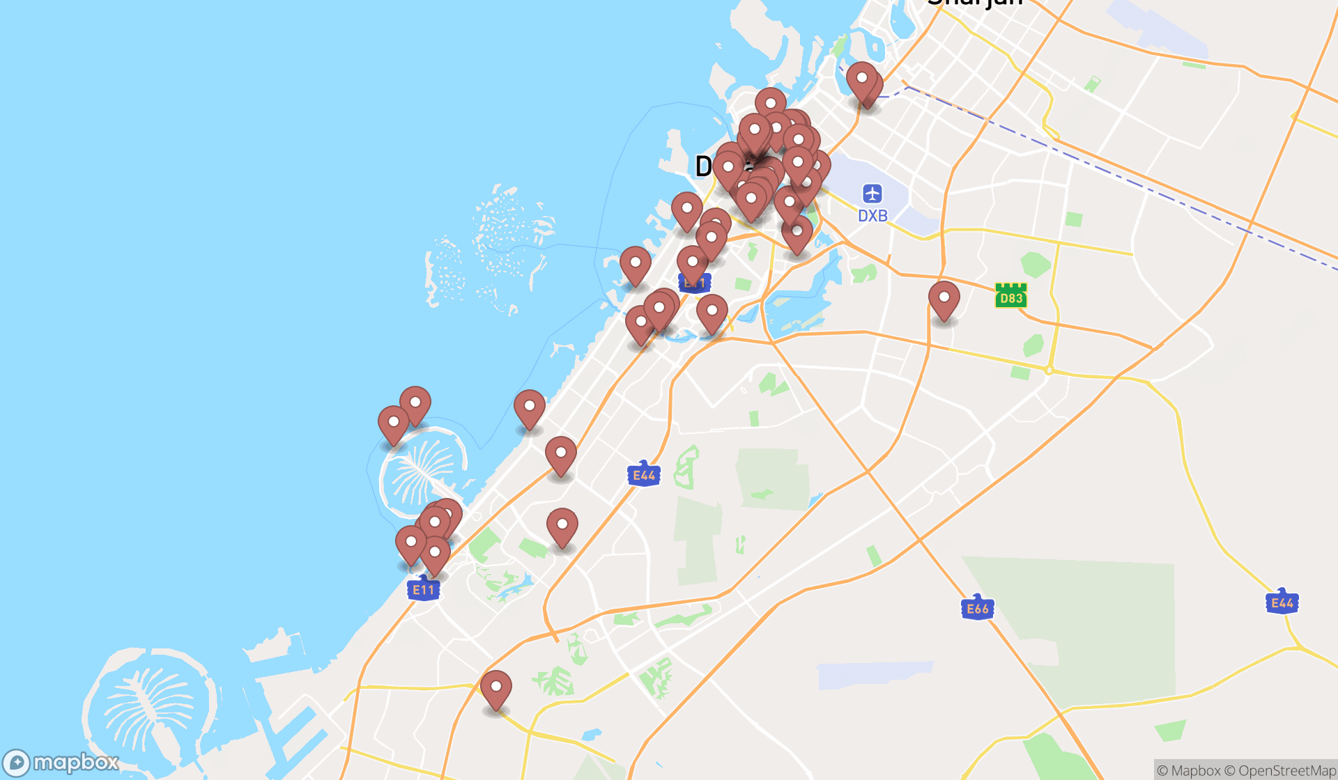 Map showing the search results in Dubai