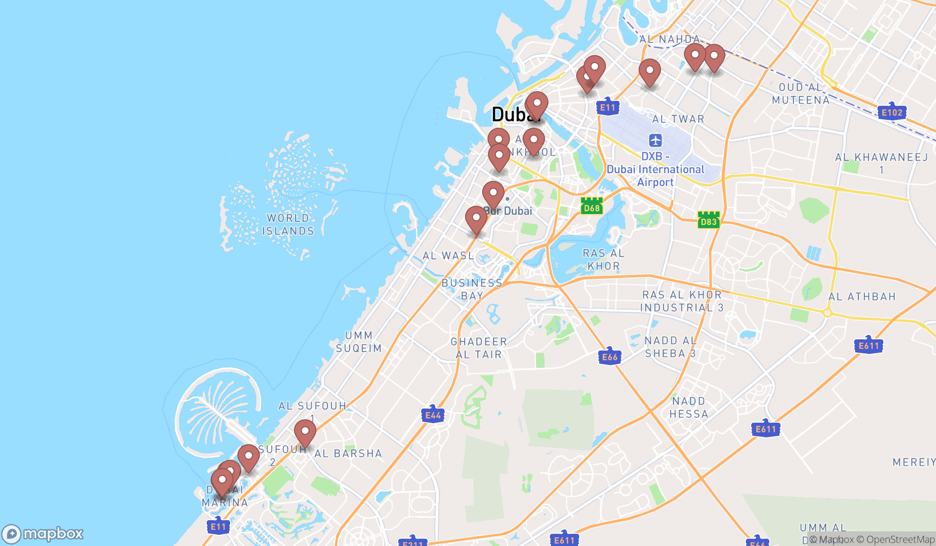 Map showing the search results in Dubai
