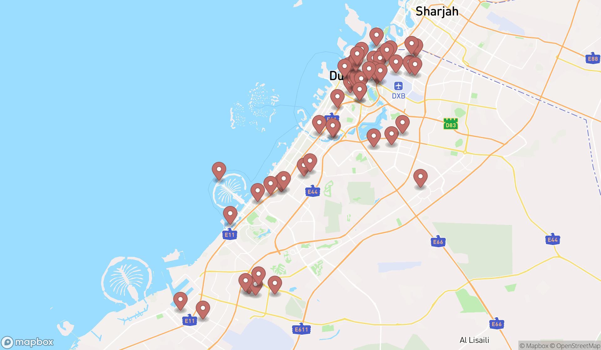 Map showing the search results in Dubai