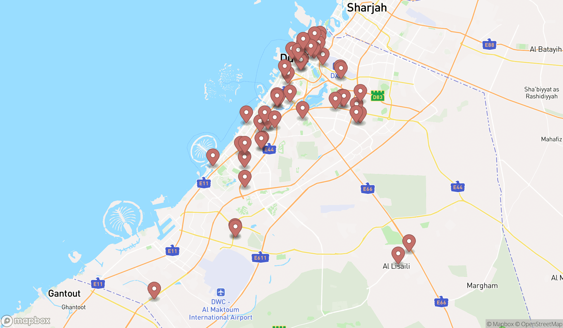 Map showing the search results in Dubai