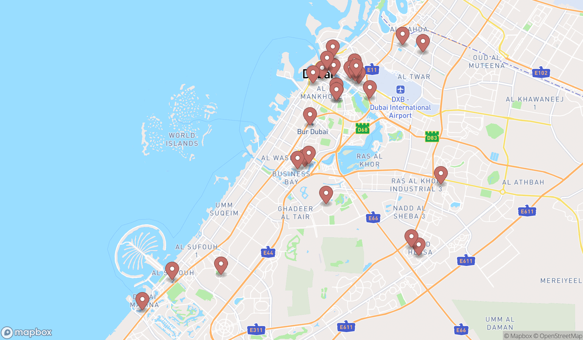 Map showing the search results in Dubai