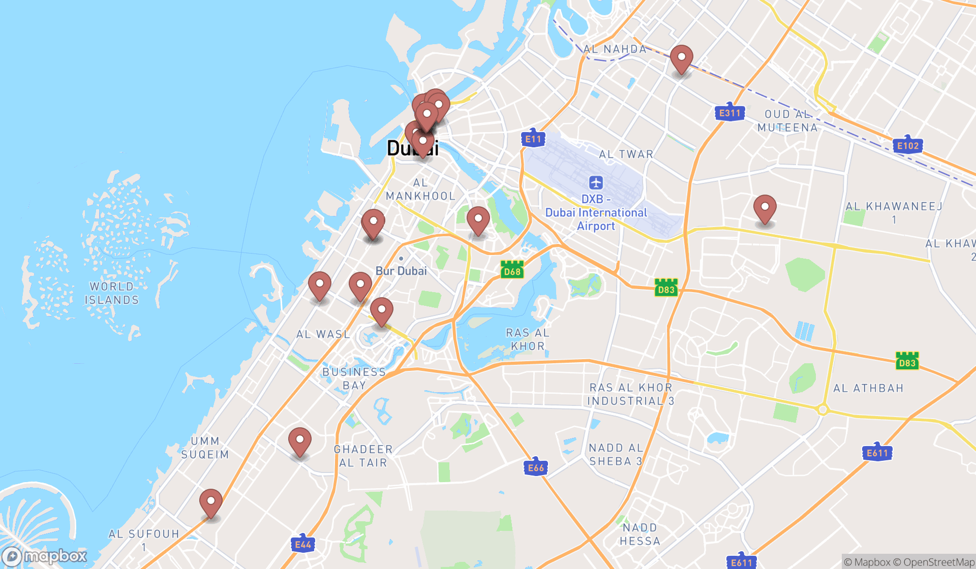 Map showing the search results in Dubai