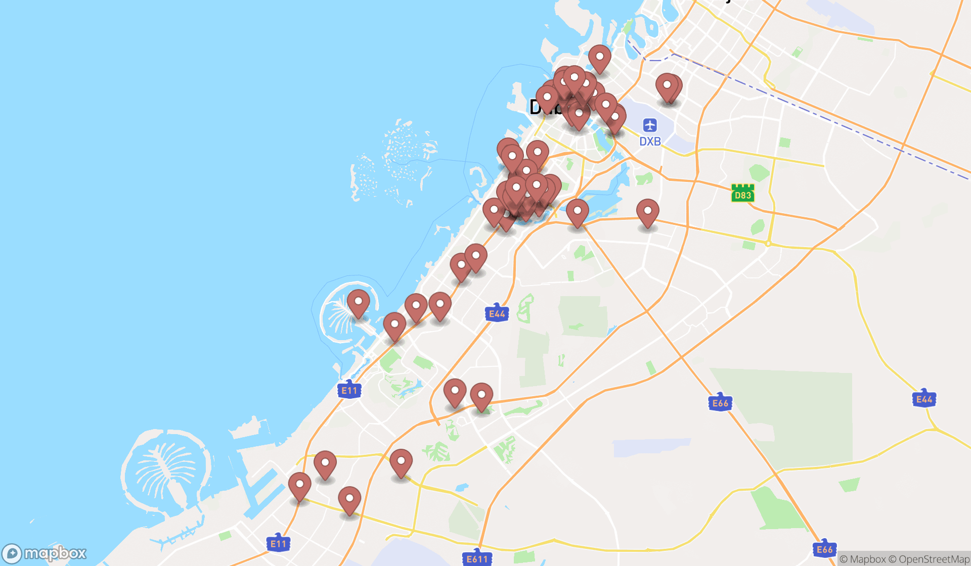Map showing the search results in Dubai