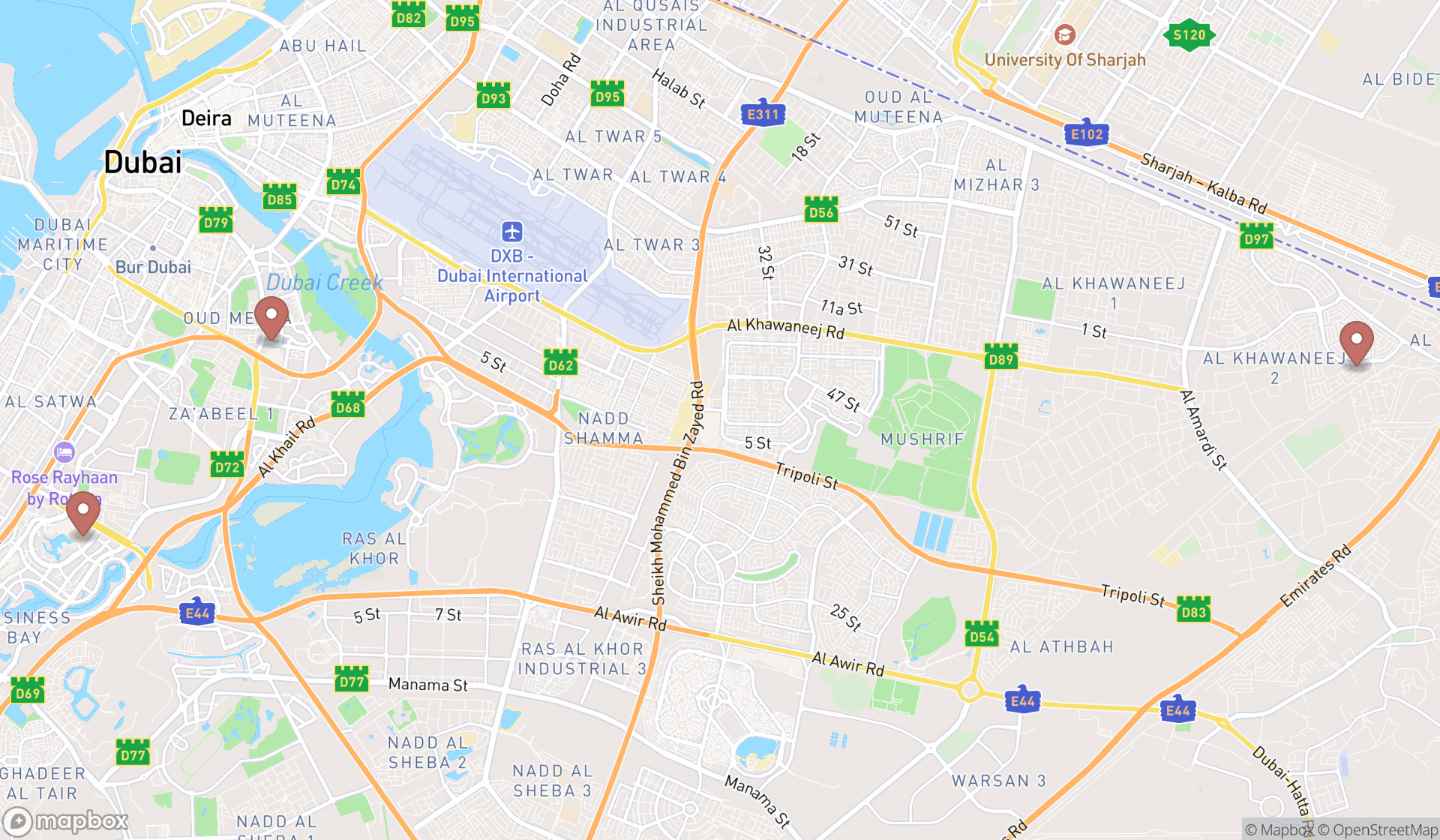 Map showing the search results in Dubai