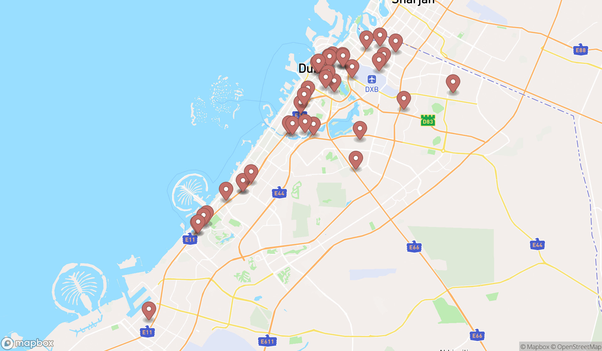 Map showing the search results in Dubai