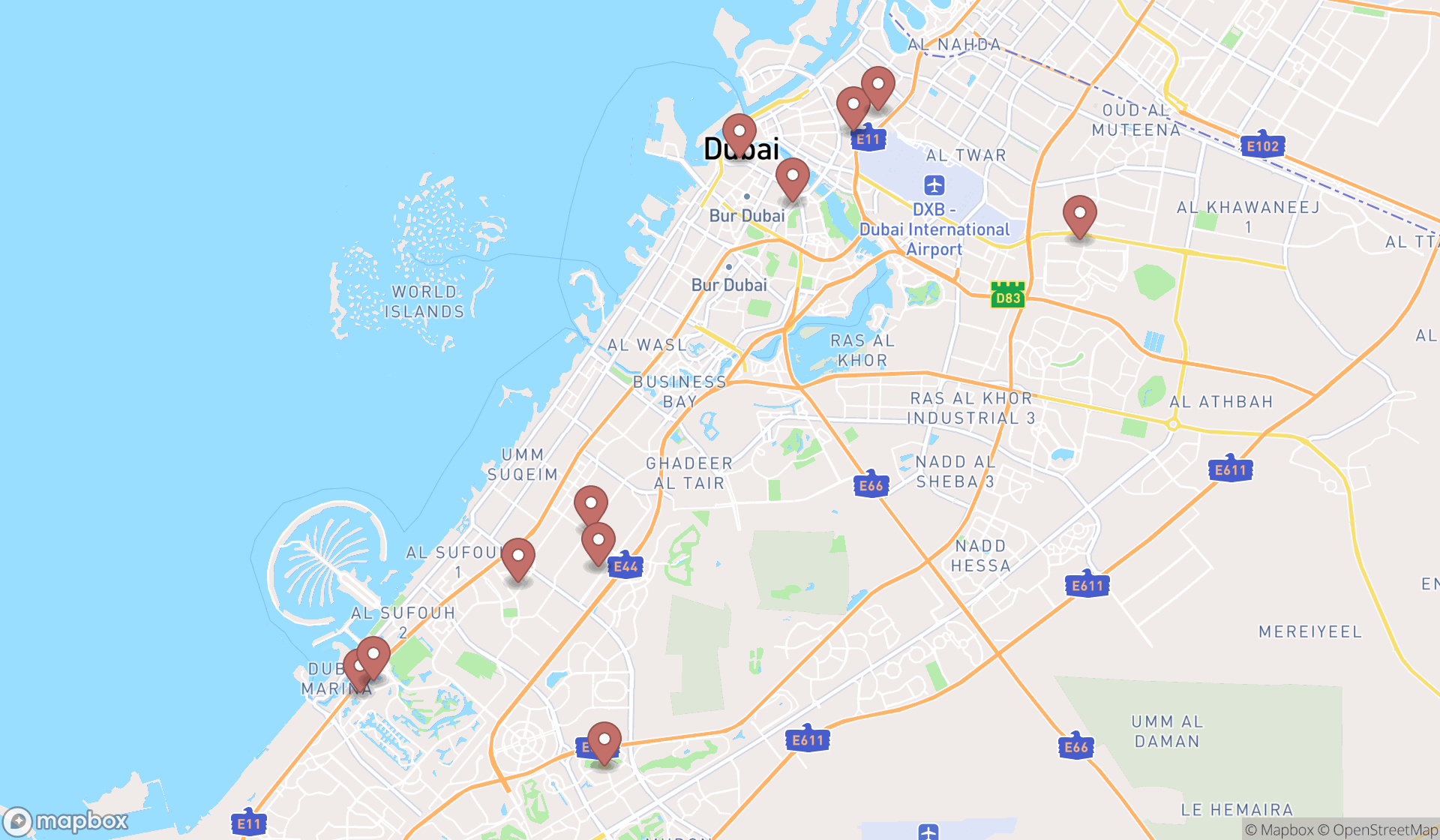 Map showing the search results in Dubai