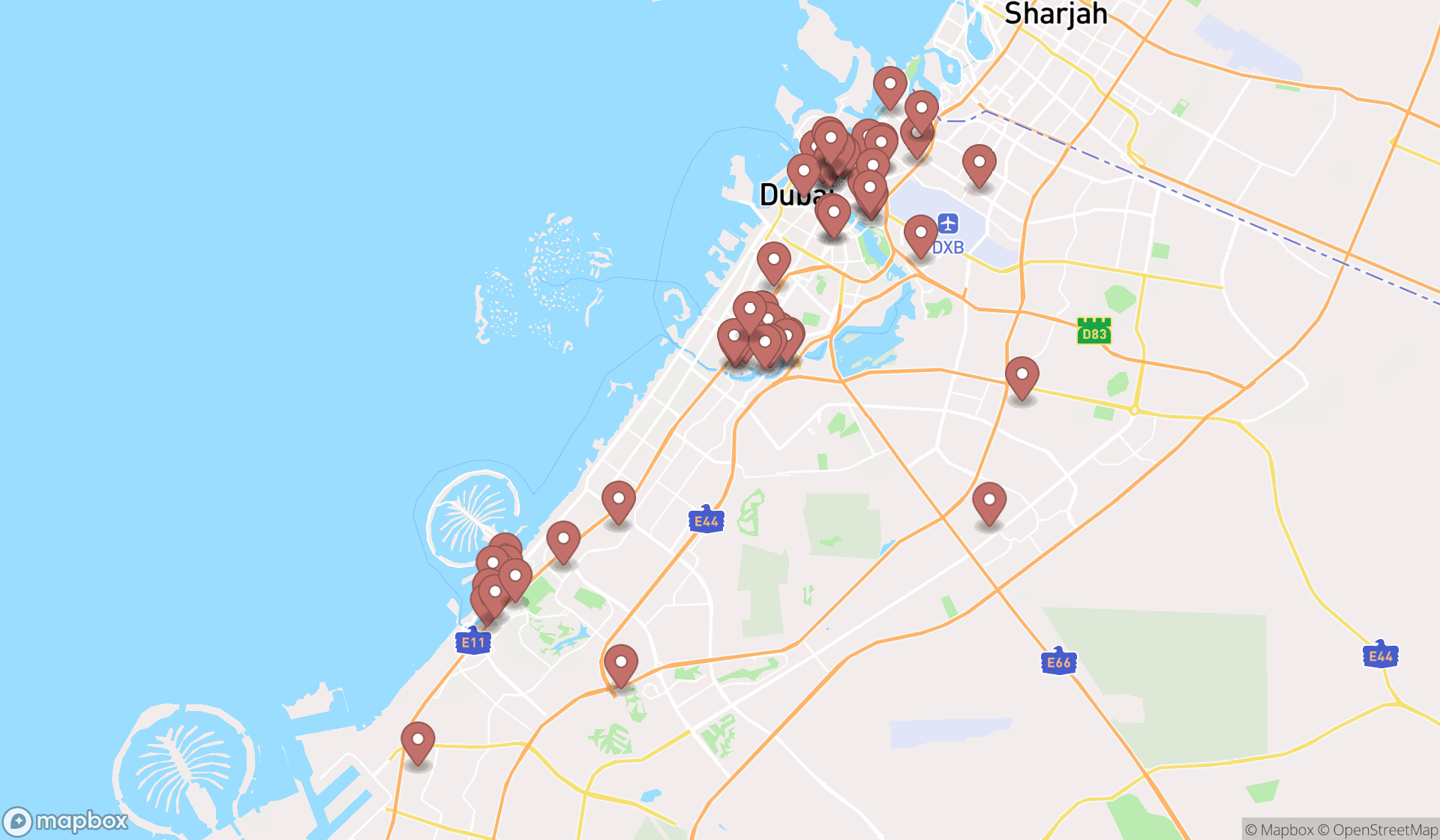 Map showing the search results in Dubai