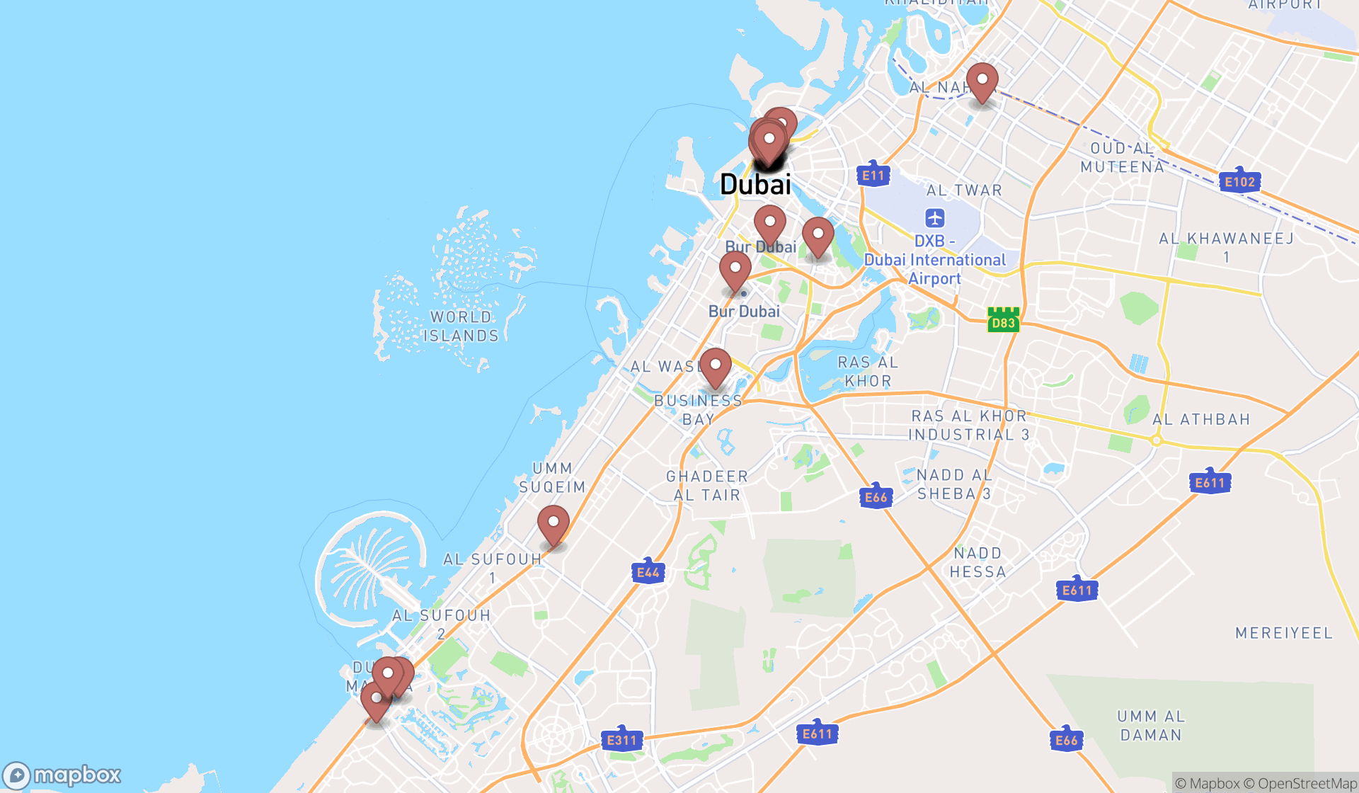 Map showing the search results in Dubai