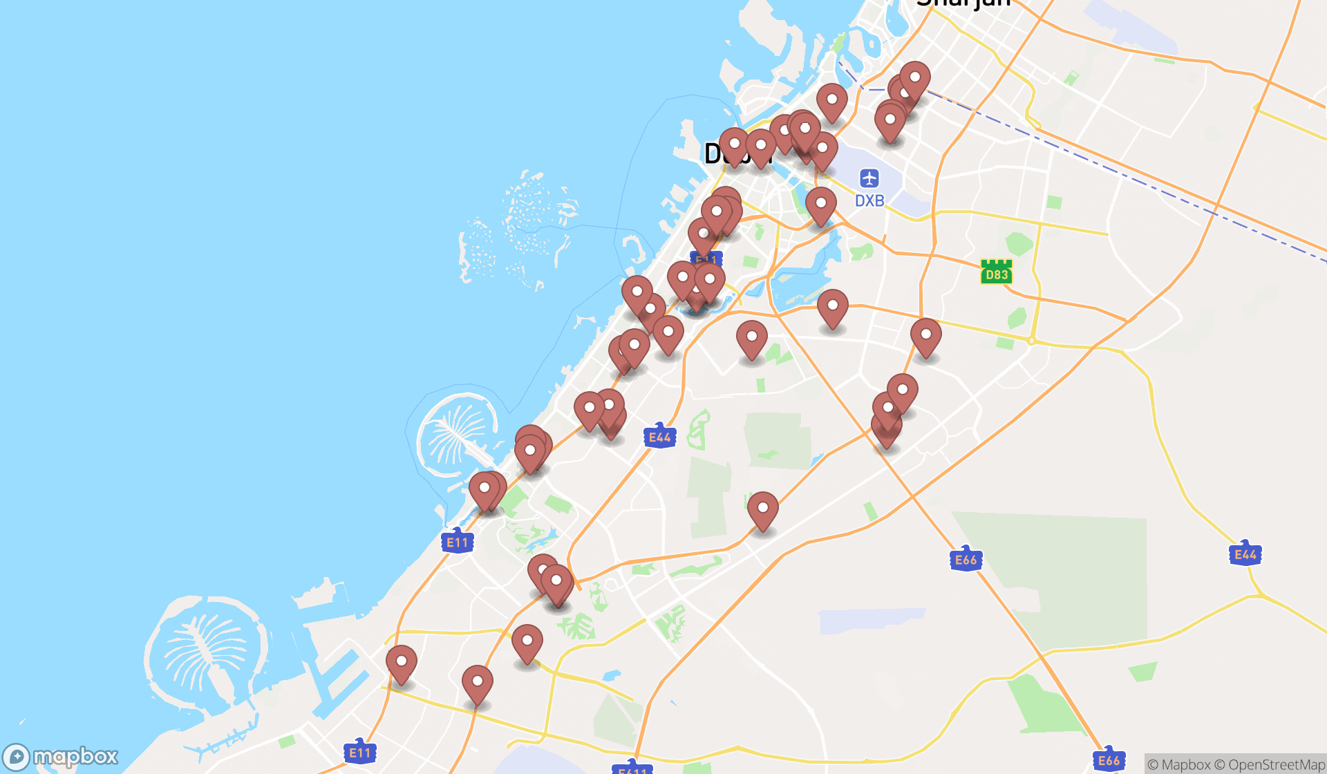 Map showing the search results in Dubai