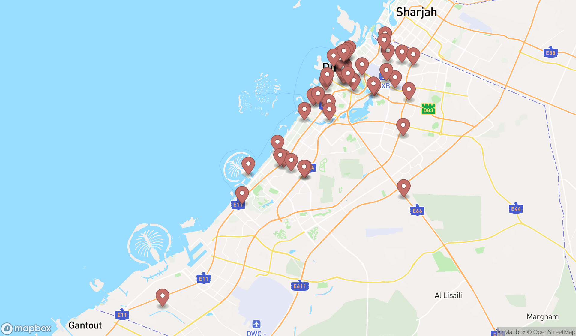 Map showing the search results in Dubai
