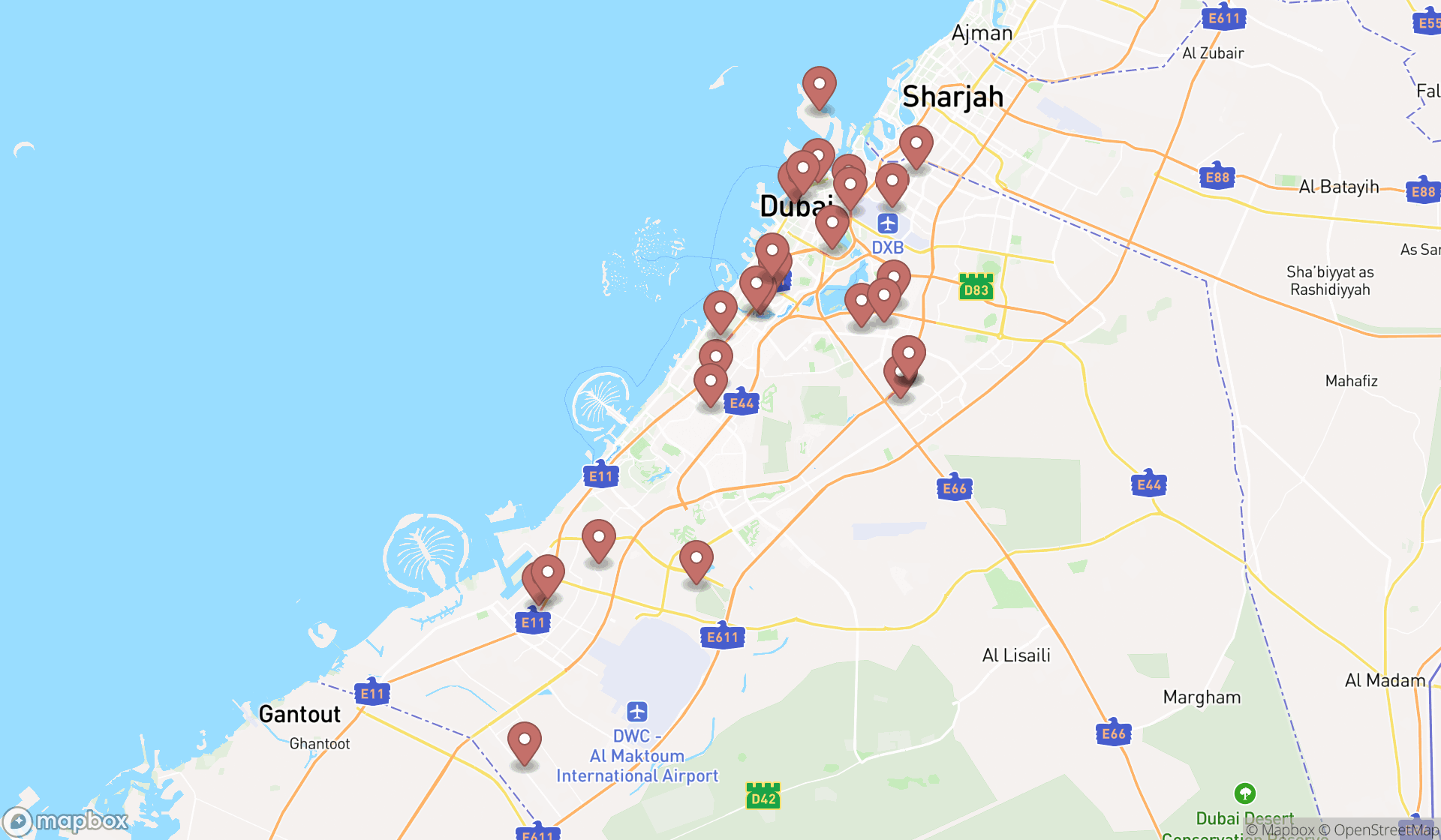 Map showing the search results in Dubai