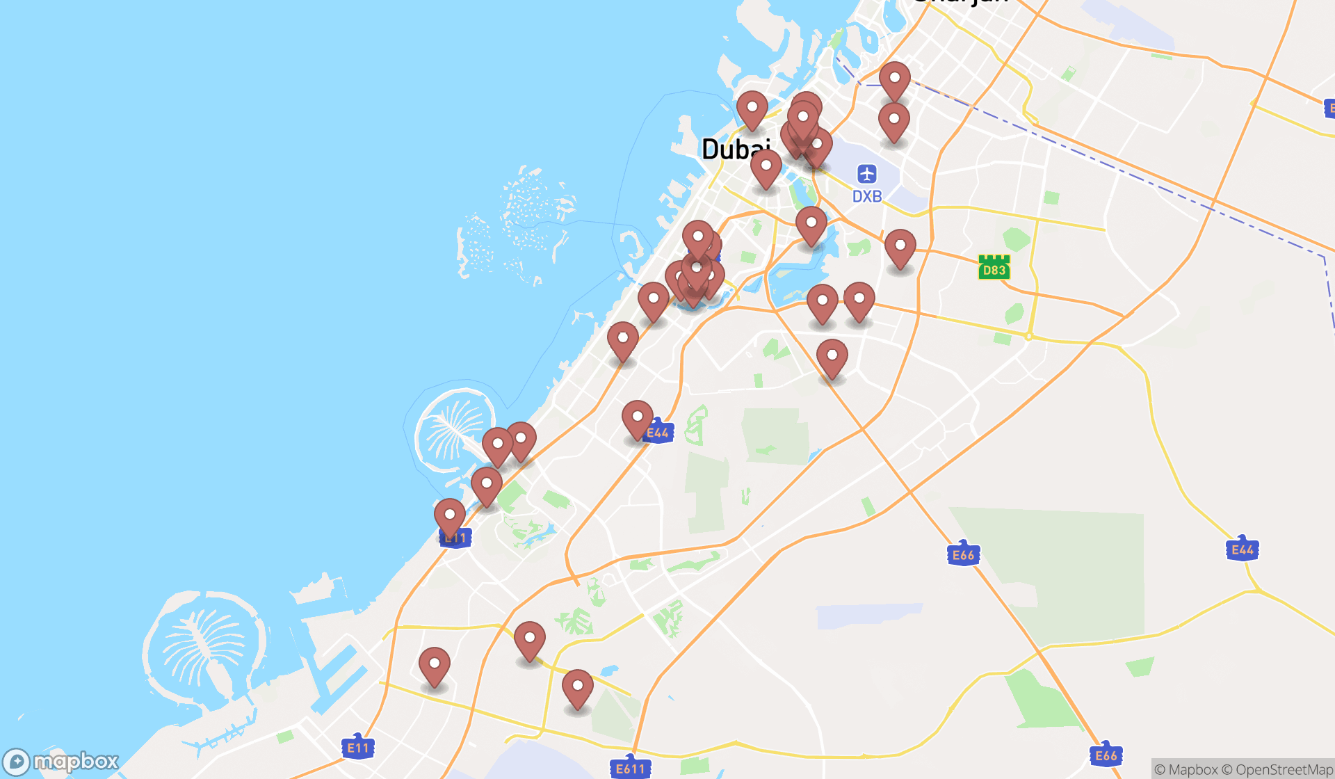 Map showing the search results in Dubai
